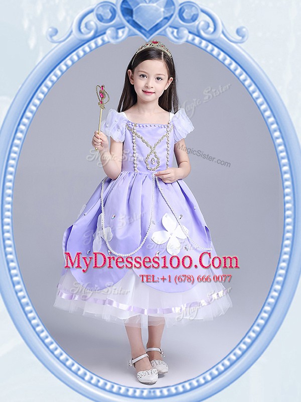 Unique Square Short Sleeves Taffeta and Tulle Tea Length Zipper Flower Girl Dresses for Less in Lavender with Beading and Appliques