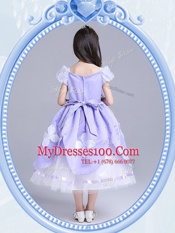 Unique Square Short Sleeves Taffeta and Tulle Tea Length Zipper Flower Girl Dresses for Less in Lavender with Beading and Appliques