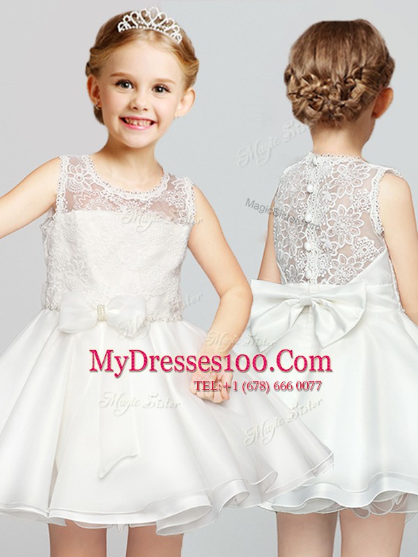 Romantic Clasp Handle Scoop Sleeveless Toddler Flower Girl Dress Mini Length Lace and Bowknot White Organza