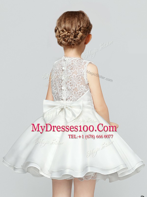 Romantic Clasp Handle Scoop Sleeveless Toddler Flower Girl Dress Mini Length Lace and Bowknot White Organza