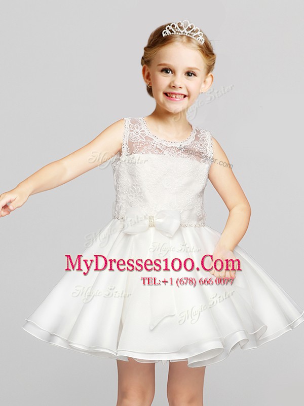 Romantic Clasp Handle Scoop Sleeveless Toddler Flower Girl Dress Mini Length Lace and Bowknot White Organza