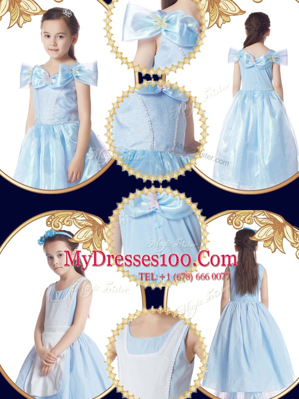 Light Blue Scoop Zipper Bowknot Flower Girl Dresses Cap Sleeves