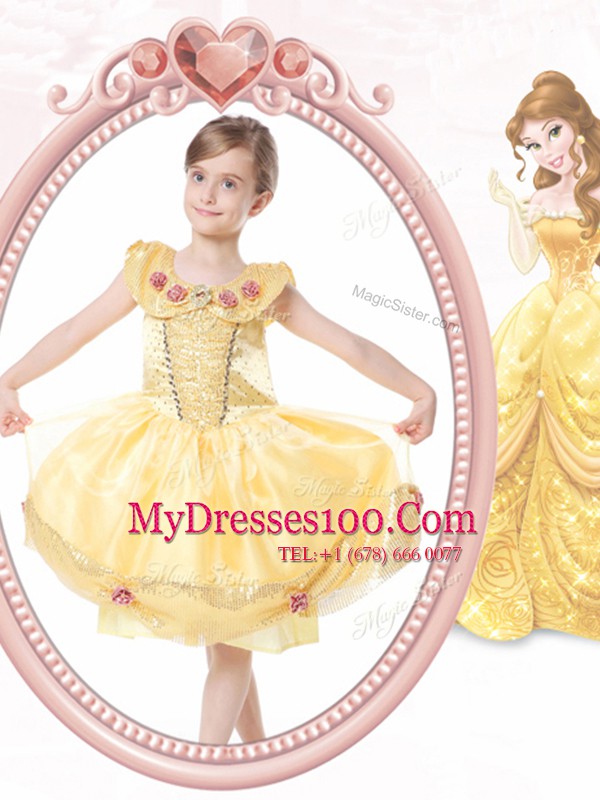 Sexy Scoop Gold Sleeveless Knee Length Beading and Hand Made Flower Clasp Handle Toddler Flower Girl Dress