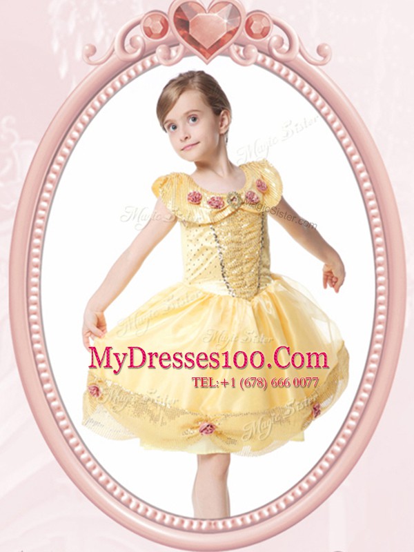 Sexy Scoop Gold Sleeveless Knee Length Beading and Hand Made Flower Clasp Handle Toddler Flower Girl Dress