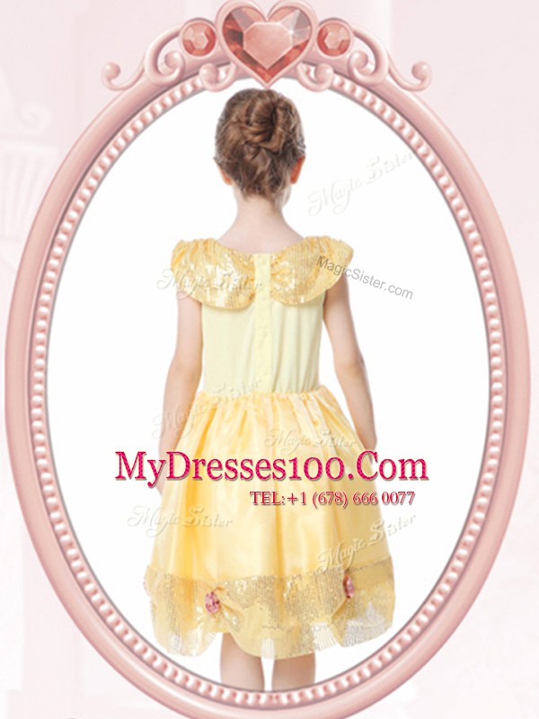 Sexy Scoop Gold Sleeveless Knee Length Beading and Hand Made Flower Clasp Handle Toddler Flower Girl Dress