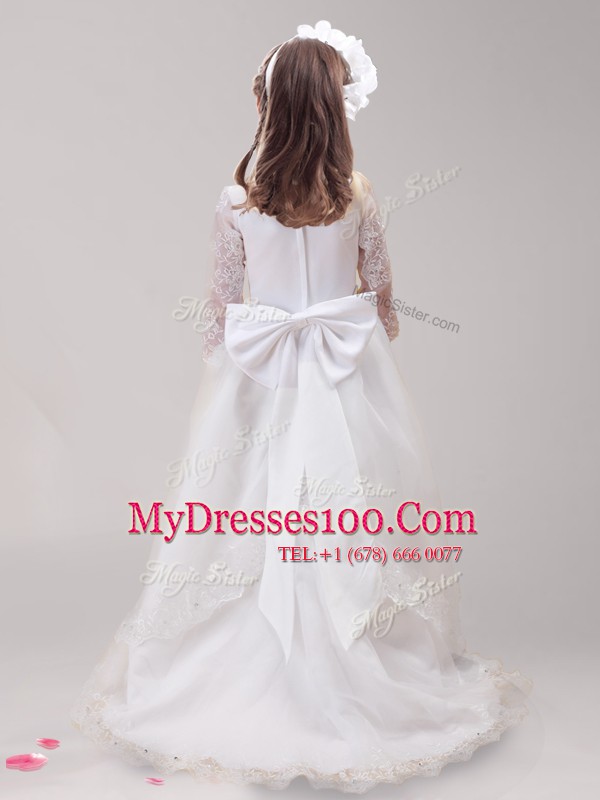 Exquisite White Zipper Scoop Lace and Bowknot Flower Girl Dresses for Less Tulle Long Sleeves Brush Train