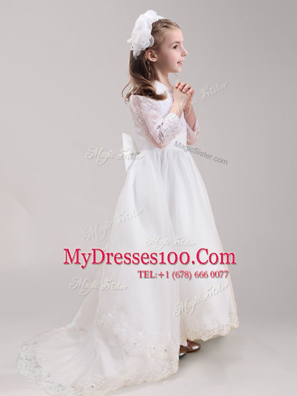 Exquisite White Zipper Scoop Lace and Bowknot Flower Girl Dresses for Less Tulle Long Sleeves Brush Train