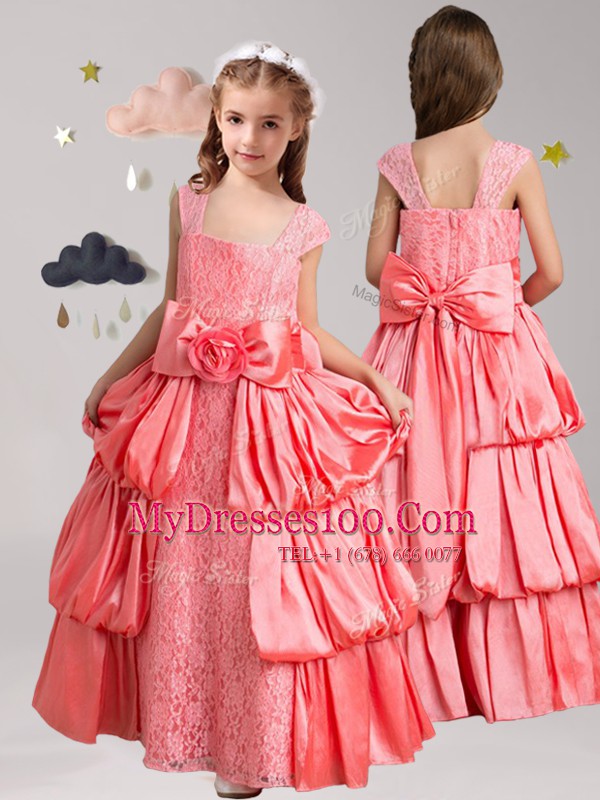 Smart Taffeta and Lace Straps Cap Sleeves Zipper Pick Ups and Bowknot and Hand Made Flower Toddler Flower Girl Dress in Watermelon Red