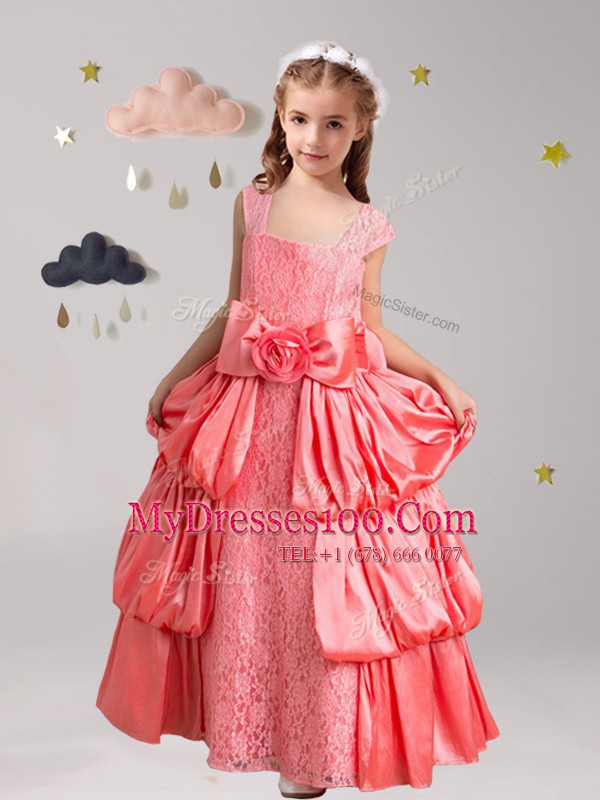 Smart Taffeta and Lace Straps Cap Sleeves Zipper Pick Ups and Bowknot and Hand Made Flower Toddler Flower Girl Dress in Watermelon Red