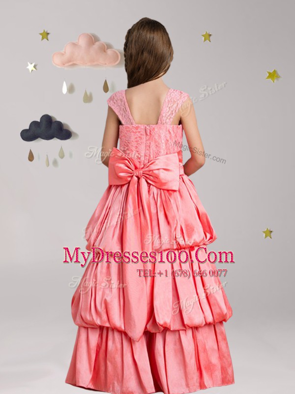 Smart Taffeta and Lace Straps Cap Sleeves Zipper Pick Ups and Bowknot and Hand Made Flower Toddler Flower Girl Dress in Watermelon Red