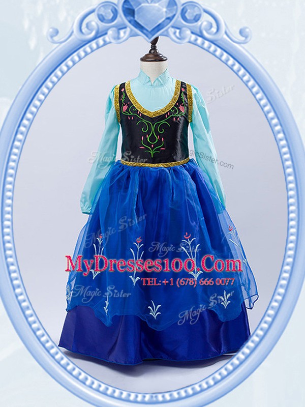 Pretty Royal Blue A-line High-neck Long Sleeves Taffeta and Tulle Floor Length Zipper Embroidery Flower Girl Dress