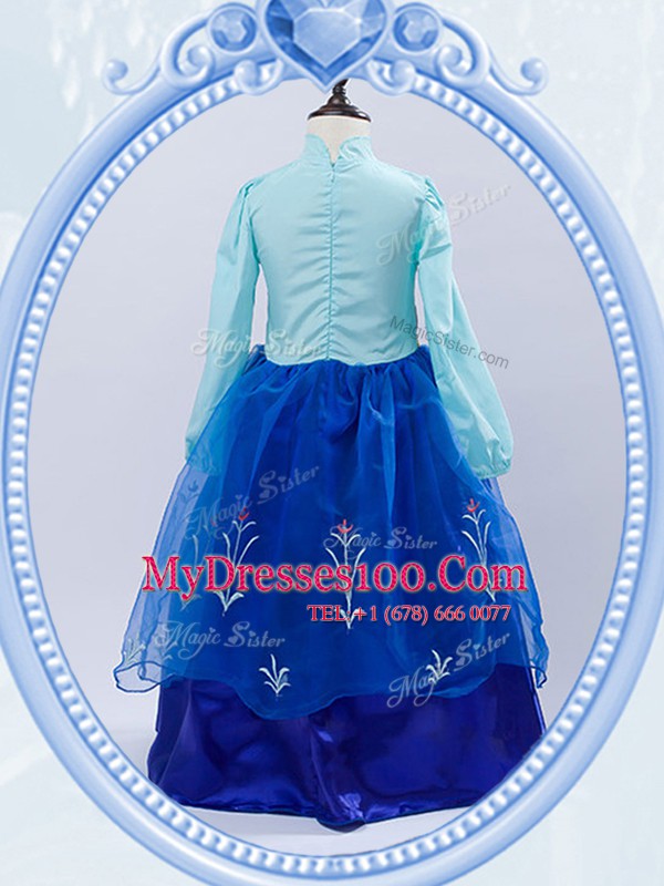 Pretty Royal Blue A-line High-neck Long Sleeves Taffeta and Tulle Floor Length Zipper Embroidery Flower Girl Dress