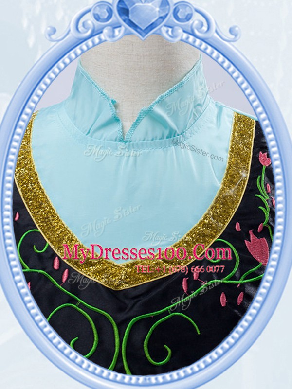 Pretty Royal Blue A-line High-neck Long Sleeves Taffeta and Tulle Floor Length Zipper Embroidery Flower Girl Dress