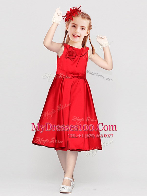 Fashion Scoop Red Sleeveless Tea Length Bowknot and Hand Made Flower Clasp Handle Flower Girl Dress