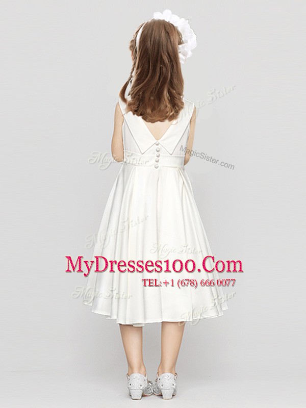 Fashion Scoop Red Sleeveless Tea Length Bowknot and Hand Made Flower Clasp Handle Flower Girl Dress