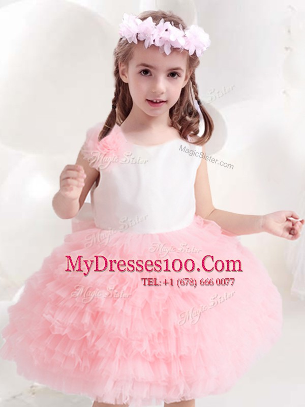 Popular Scoop Sleeveless Knee Length Ruffled Layers and Bowknot and Hand Made Flower Side Zipper Flower Girl Dresses for Less with Pink And White