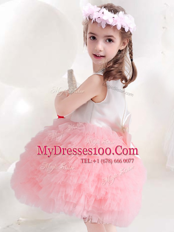 Popular Scoop Sleeveless Knee Length Ruffled Layers and Bowknot and Hand Made Flower Side Zipper Flower Girl Dresses for Less with Pink And White