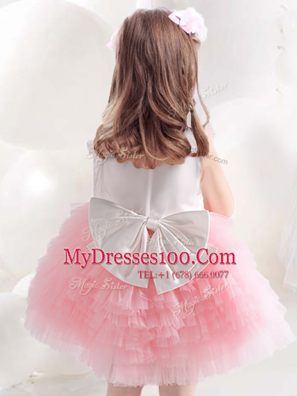 Popular Scoop Sleeveless Knee Length Ruffled Layers and Bowknot and Hand Made Flower Side Zipper Flower Girl Dresses for Less with Pink And White