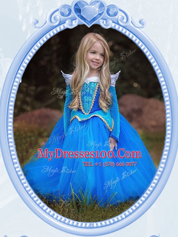 Scoop Baby Blue Long Sleeves Floor Length Beading and Embroidery Side Zipper Flower Girl Dress