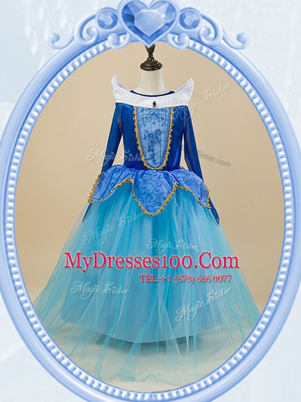 Scoop Baby Blue Long Sleeves Floor Length Beading and Embroidery Side Zipper Flower Girl Dress
