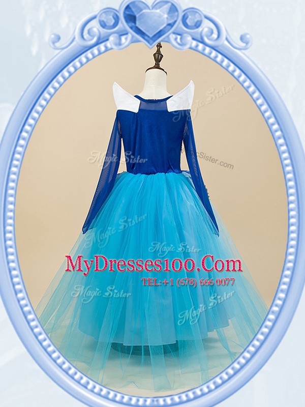 Scoop Baby Blue Long Sleeves Floor Length Beading and Embroidery Side Zipper Flower Girl Dress