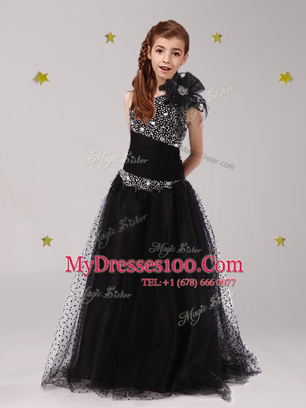 Exceptional One Shoulder Floor Length Zipper Flower Girl Dresses Black for Party and Quinceanera and Wedding Party with Beading and Bowknot