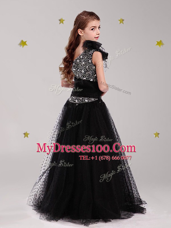 Exceptional One Shoulder Floor Length Zipper Flower Girl Dresses Black for Party and Quinceanera and Wedding Party with Beading and Bowknot