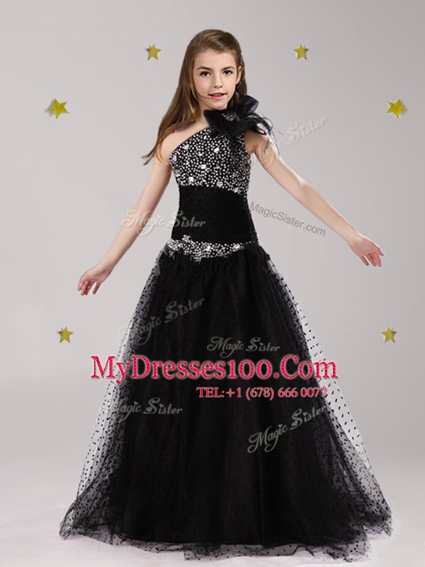 Exceptional One Shoulder Floor Length Zipper Flower Girl Dresses Black for Party and Quinceanera and Wedding Party with Beading and Bowknot