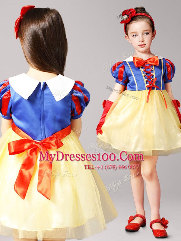 Lovely Blue and Yellow Zipper High-neck Bowknot Flower Girl Dresses Tulle Short Sleeves