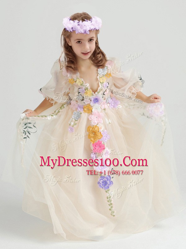 Unique Champagne Half Sleeves Ankle Length Appliques and Hand Made Flower Zipper Flower Girl Dresses