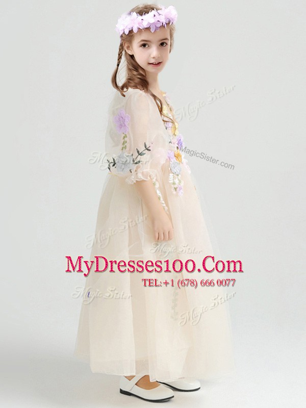 Unique Champagne Half Sleeves Ankle Length Appliques and Hand Made Flower Zipper Flower Girl Dresses