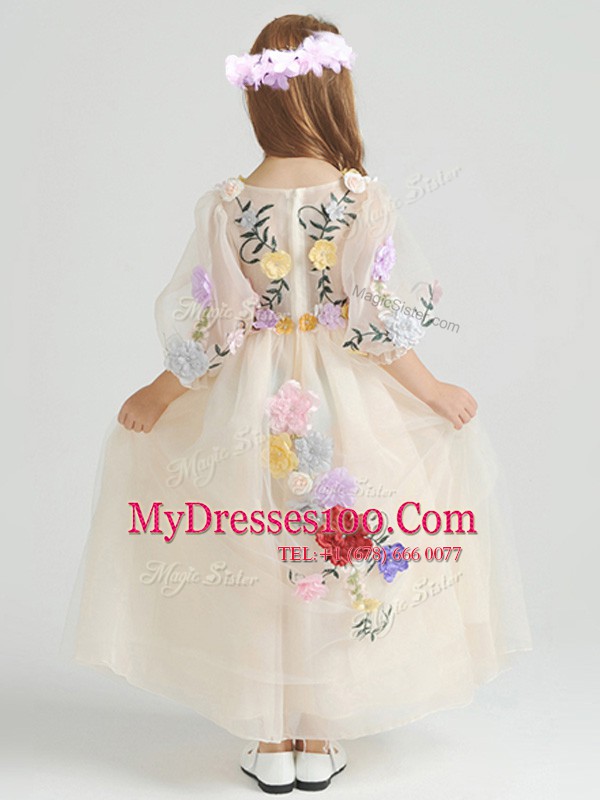 Unique Champagne Half Sleeves Ankle Length Appliques and Hand Made Flower Zipper Flower Girl Dresses