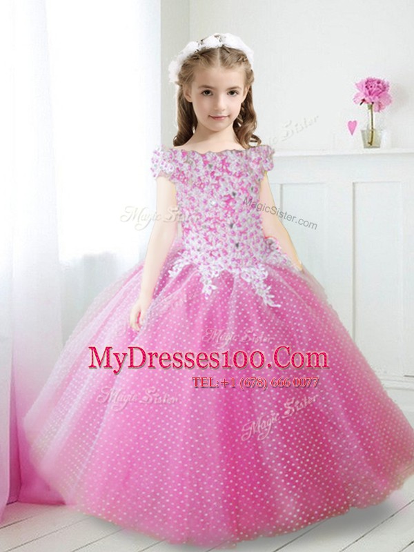 Fine Off the Shoulder Hot Pink Zipper Flower Girl Dress Beading and Appliques Cap Sleeves Floor Length
