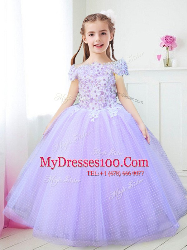 Off the Shoulder Lavender Tulle Zipper Flower Girl Dress Cap Sleeves Floor Length Beading and Appliques