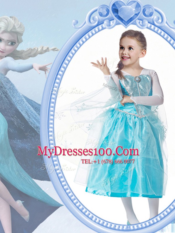 Captivating Taffeta V-neck Long Sleeves Zipper Beading Flower Girl Dress in White and Blue