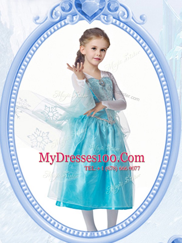 Captivating Taffeta V-neck Long Sleeves Zipper Beading Flower Girl Dress in White and Blue
