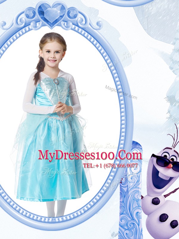 Captivating Taffeta V-neck Long Sleeves Zipper Beading Flower Girl Dress in White and Blue