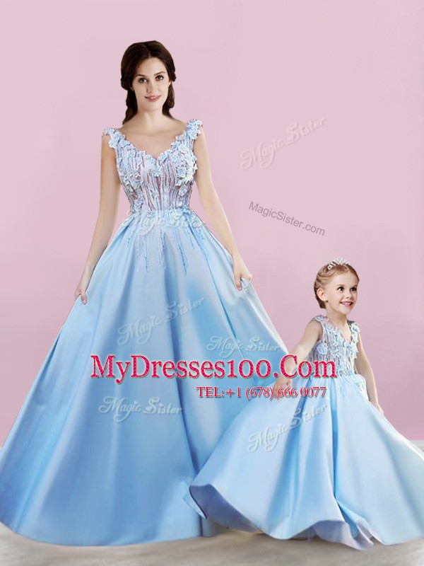 Baby Blue Sleeveless Appliques Floor Length Toddler Flower Girl Dress
