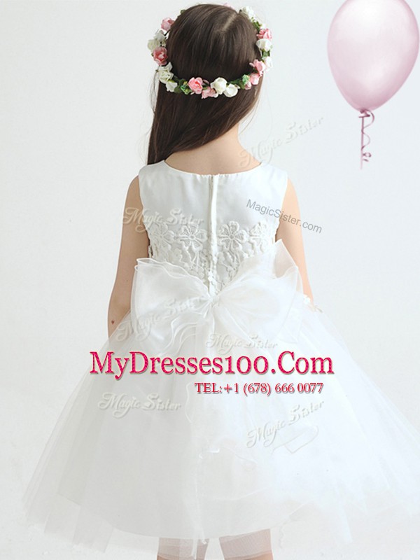 Super Scoop Sleeveless Knee Length Appliques and Bowknot Zipper Toddler Flower Girl Dress with White