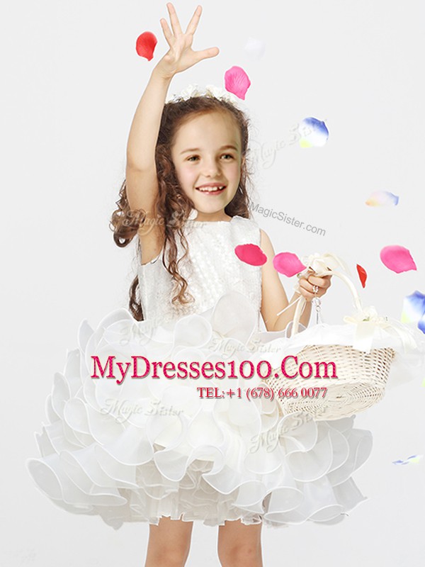 White Organza Zipper Scoop Sleeveless Mini Length Toddler Flower Girl Dress Lace and Ruffles
