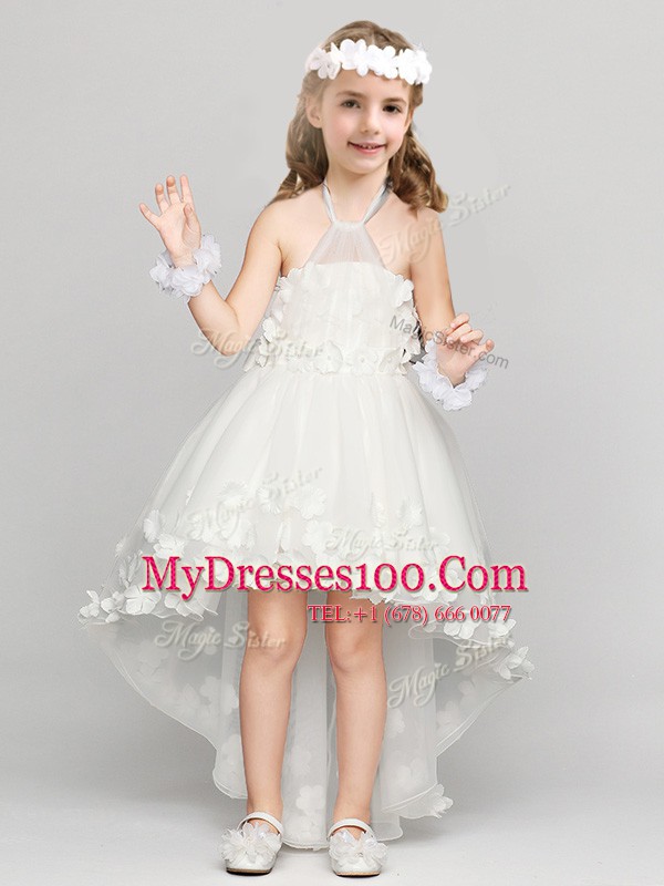 Chic Halter Top White Sleeveless Organza Zipper Flower Girl Dress for Party and Quinceanera and Wedding Party