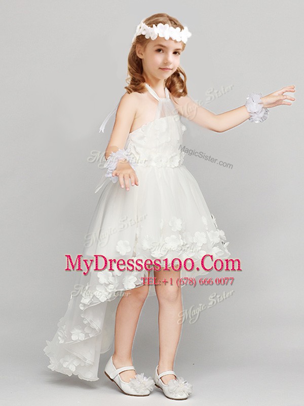 Chic Halter Top White Sleeveless Organza Zipper Flower Girl Dress for Party and Quinceanera and Wedding Party