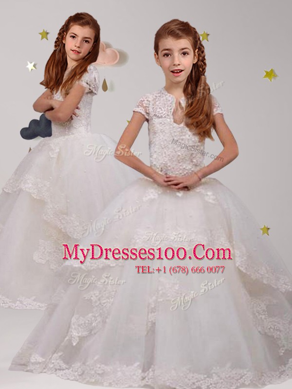 White Toddler Flower Girl Dress Party and Quinceanera and Wedding Party and For with Lace Scoop Short Sleeves Brush Train Backless