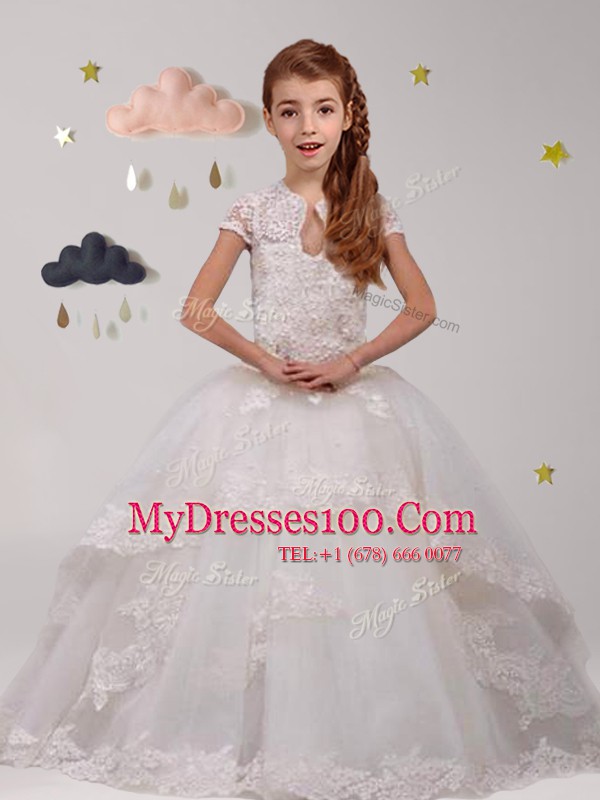 White Toddler Flower Girl Dress Party and Quinceanera and Wedding Party and For with Lace Scoop Short Sleeves Brush Train Backless