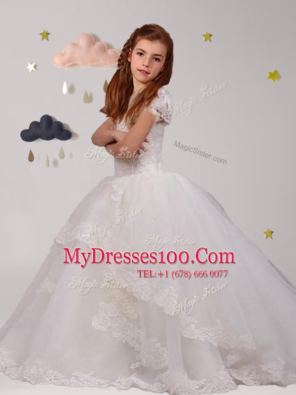 White Toddler Flower Girl Dress Party and Quinceanera and Wedding Party and For with Lace Scoop Short Sleeves Brush Train Backless