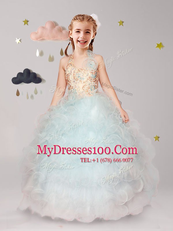 Halter Top White and Apple Green and Lilac Sleeveless Floor Length Beading and Ruffles and Hand Made Flower Lace Up Flower Girl Dress