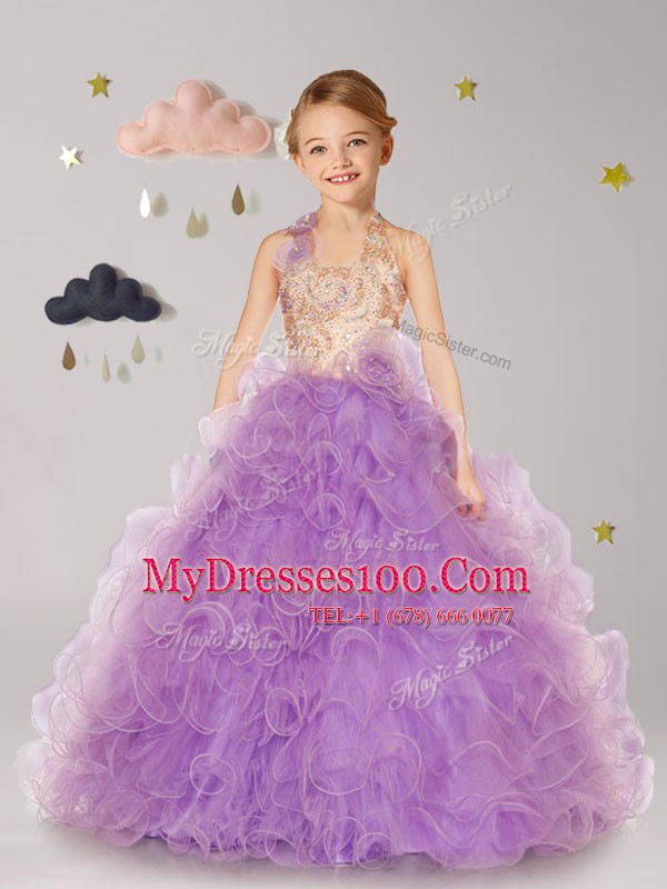 Halter Top White and Apple Green and Lilac Sleeveless Floor Length Beading and Ruffles and Hand Made Flower Lace Up Flower Girl Dress