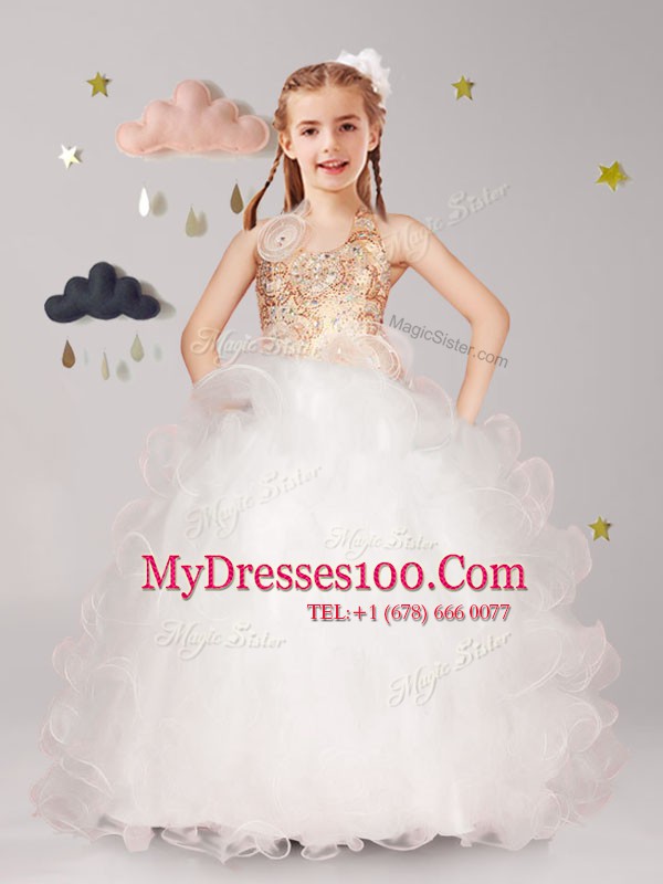 Halter Top White and Apple Green and Lilac Sleeveless Floor Length Beading and Ruffles and Hand Made Flower Lace Up Flower Girl Dress