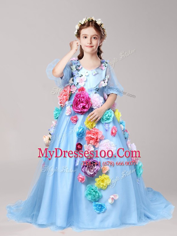 Chic With Train A-line Half Sleeves Baby Blue Flower Girl Dresses Brush Train Zipper