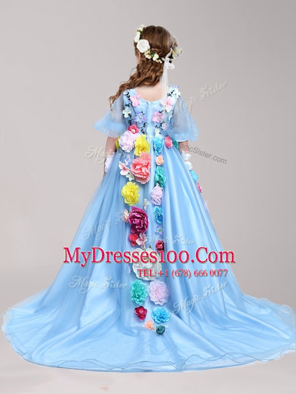 Chic With Train A-line Half Sleeves Baby Blue Flower Girl Dresses Brush Train Zipper